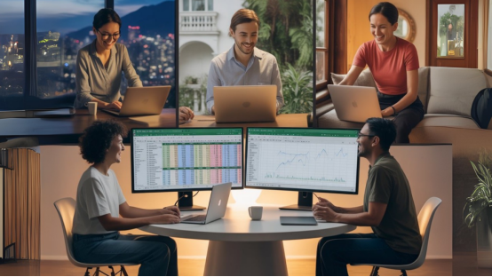 Two people working at a twin-monitor desk showing spreadsheets, with three remote colleagues on laptops shown above them