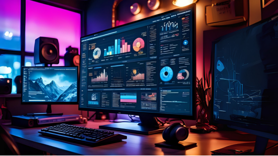 A desk monitor filling the frame with a dark-themed reporting dashboard of bar charts, line graphs and donut charts
