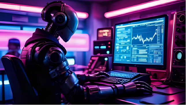 Illustration of a humanoid robot seated at a keyboard working at a screen full of charts and report panels