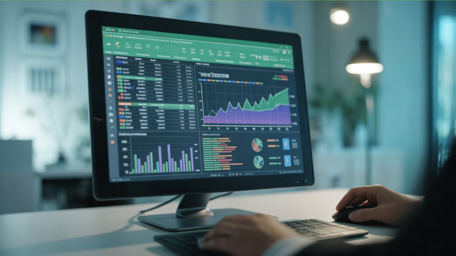 Over-the-shoulder view of someone at a desktop monitor showing a spreadsheet with trend, bar and pie charts