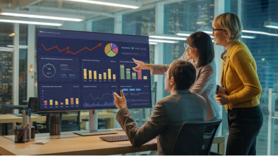 Three colleagues in an office pointing at a wall-mounted screen showing a KPI dashboard of bar charts and a pie chart