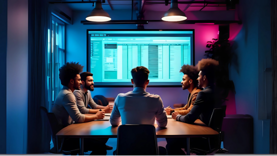 Five colleagues seated around a meeting-room table looking at a large wall screen showing a spreadsheet