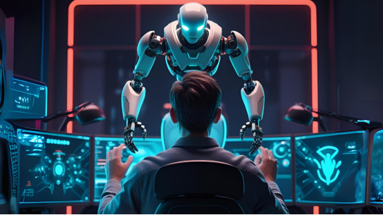 Illustration of a person at a curved bank of monitors with a humanoid robot standing behind them, screens showing system dashboards