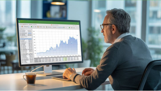 A man at an office desk studying a large monitor showing a spreadsheet with a rising trend chart